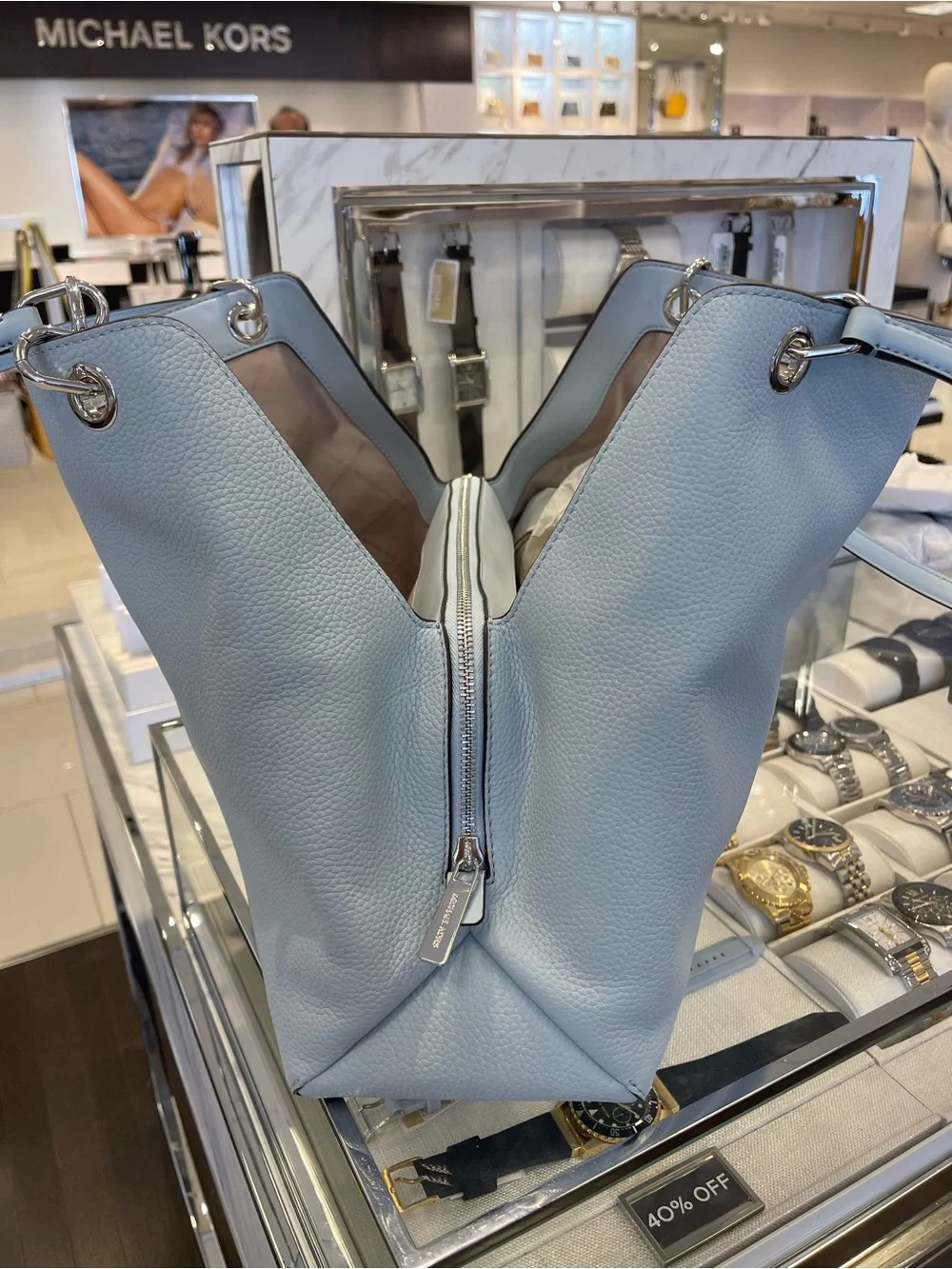 Michael Kors Christina Large Pebbled Leather Shoulder Tote Bag Pale Ocean  NWT